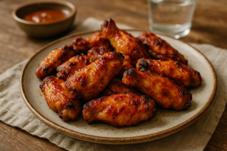 Fırında soslu kanat servis tabağında, nar gibi kızarmış tavuk kanatları
