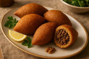 İçli köfte servis tabağında, bir tanesi kesilmiş ve iç harcı görünen görsel