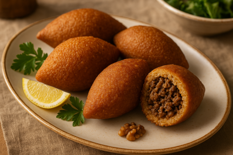 İçli köfte servis tabağında, bir tanesi kesilmiş ve iç harcı görünen görsel