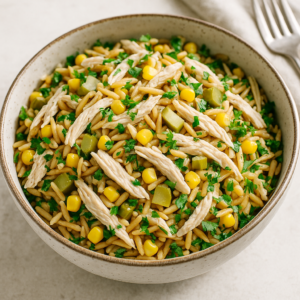 Tavuklu şehriye salatası tarifi için hazırlanan servis görseli