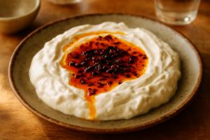 Atom mezesi servis tabağında, yoğurt üzerinde tereyağlı acı biberli görünüm