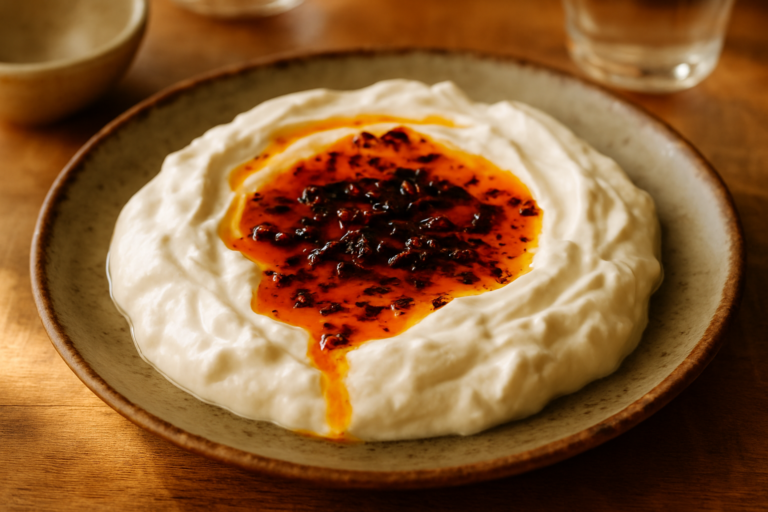 Atom mezesi servis tabağında, yoğurt üzerinde tereyağlı acı biberli görünüm