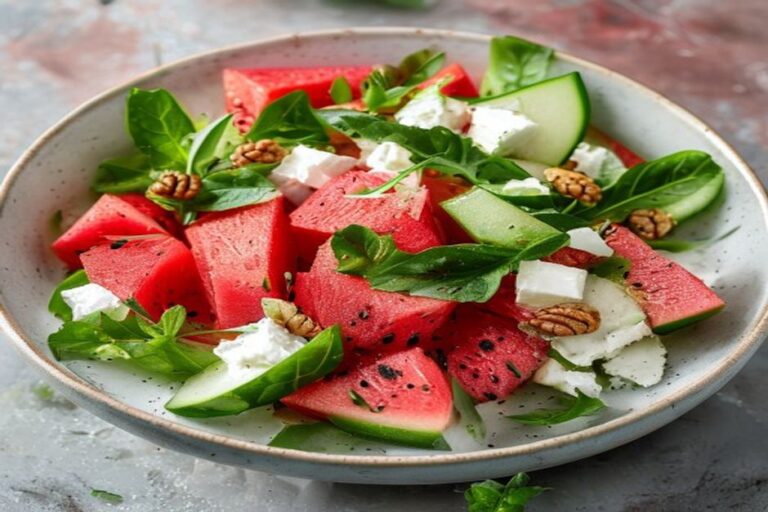Karpuz küpleri belirgin karpuzlu feta salatası, yazlık ferah sunum