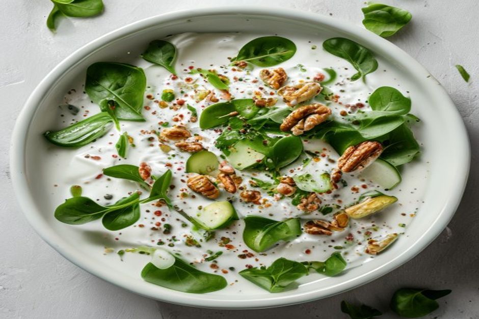 Soğuk yoğurtlu semizotu salatası beyaz kasede yazlık ferah sunum